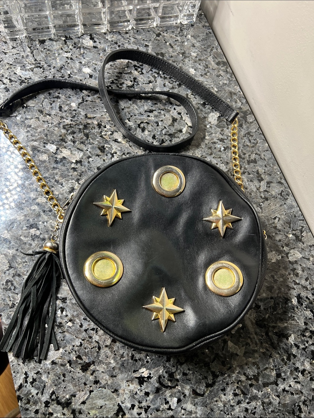 Escada Vintage Round Black Leather Bag Goldtone Hardware Studs Grommets Tassle - Picture 4 of 9